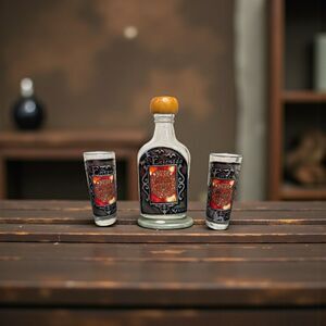 Ensenada Tequila Decanter Set with 2 Shot Glasses Red Silver